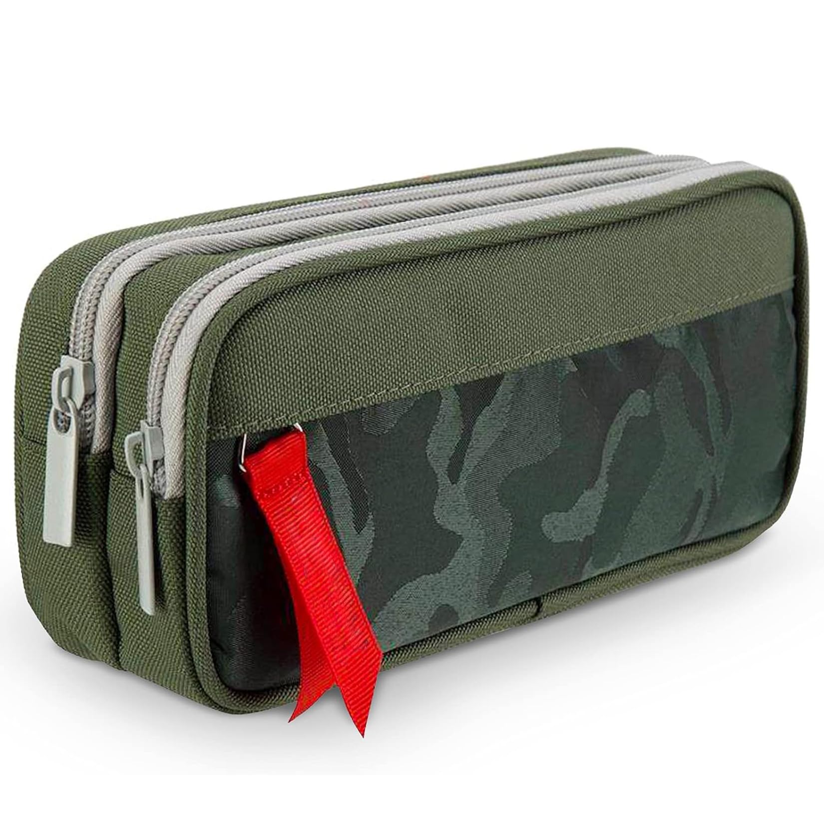 RubyTint Multi-Compartment Pencil Case – Large Capacity Fabric School Stationery Organizer with Triple Pockets, Portable Pen Pouch for Kids, Boys & Girls, Camo Design (Green)