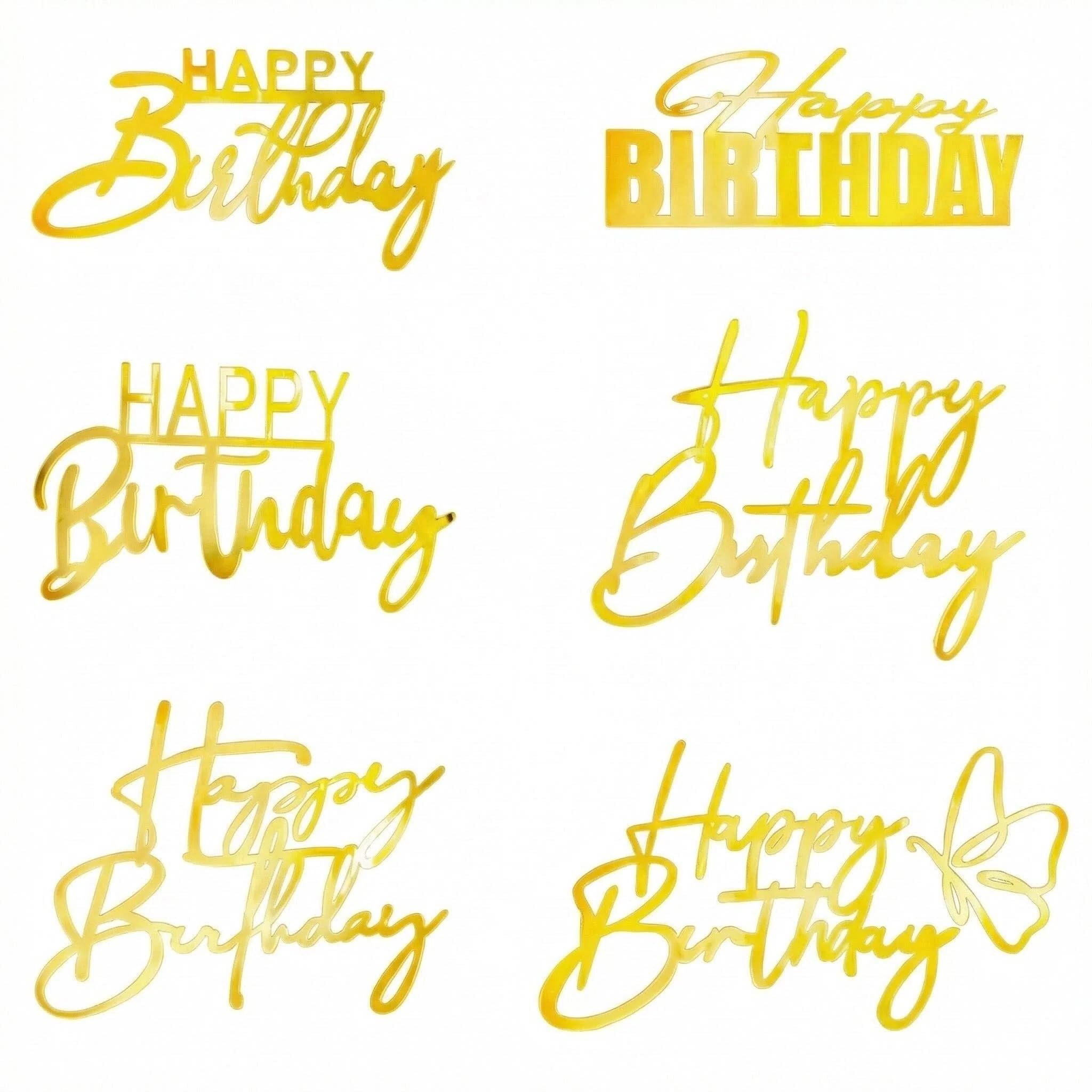 6 Pcs Golden Happy Birthday Cake Topper, Acrylic Birthday Cake Toppers Birthday Cakes Sign Picks Cupcake Decoration Cakes Stick Decor for Celebrating Birthdays Party Dessert Decor