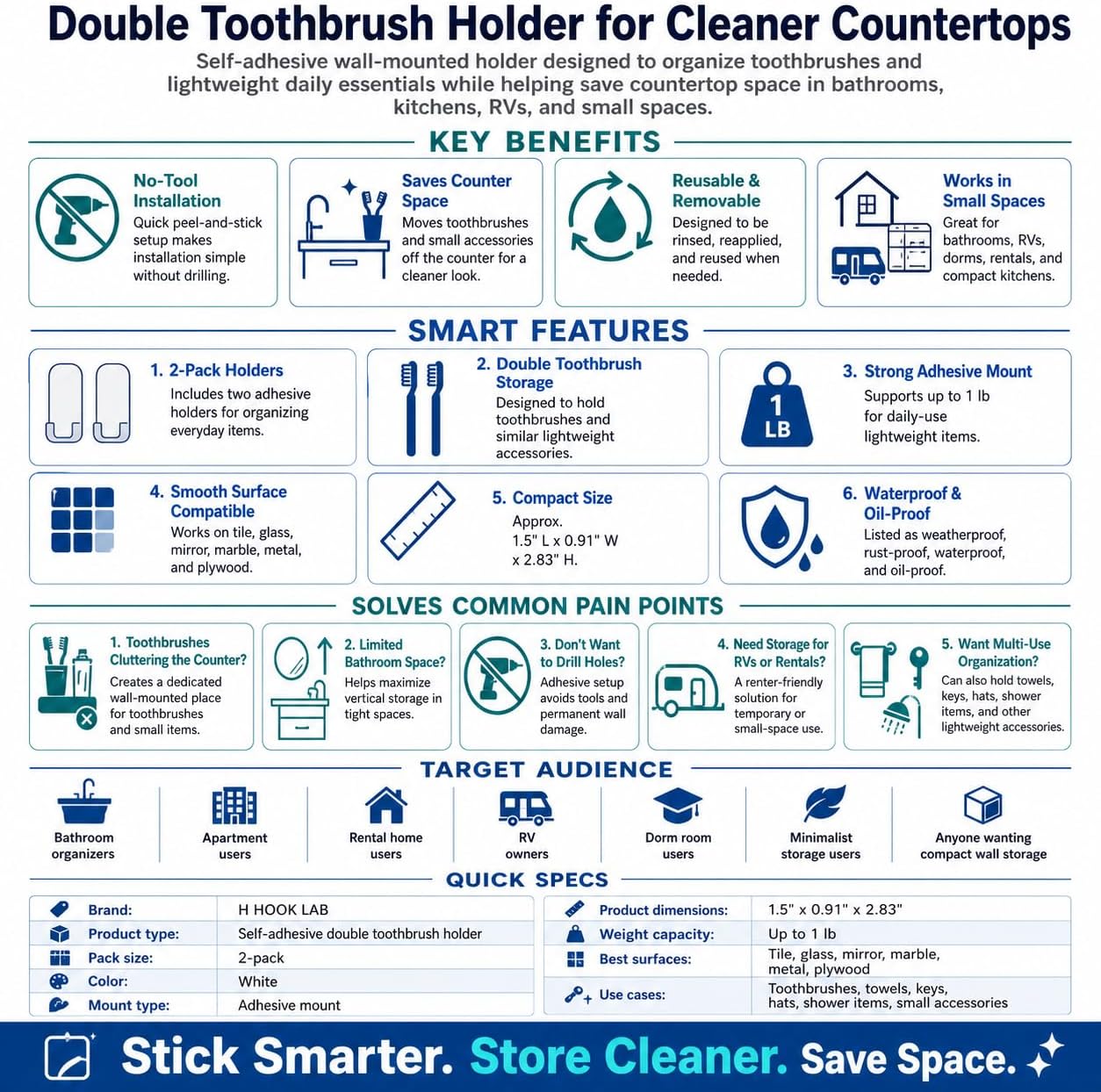 Hook LAB Self-Adhesive Double Toothbrush Holder, 2-Pack, Removable & Reusable Wall-Mounted Storage Organizer, for Bathroom & Kitchen Accessories - White