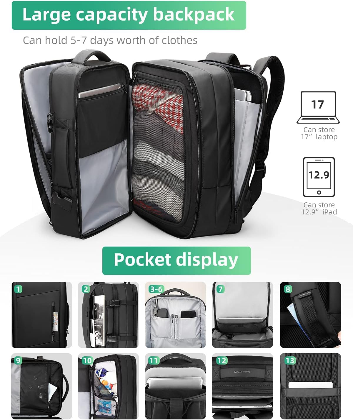 Mark Ryden Plecak podróżny 23 l/40 l, lekka torba weekendowa jako bagaż podręczny, z portem ładowania USB, pasuje do laptopa 17,3