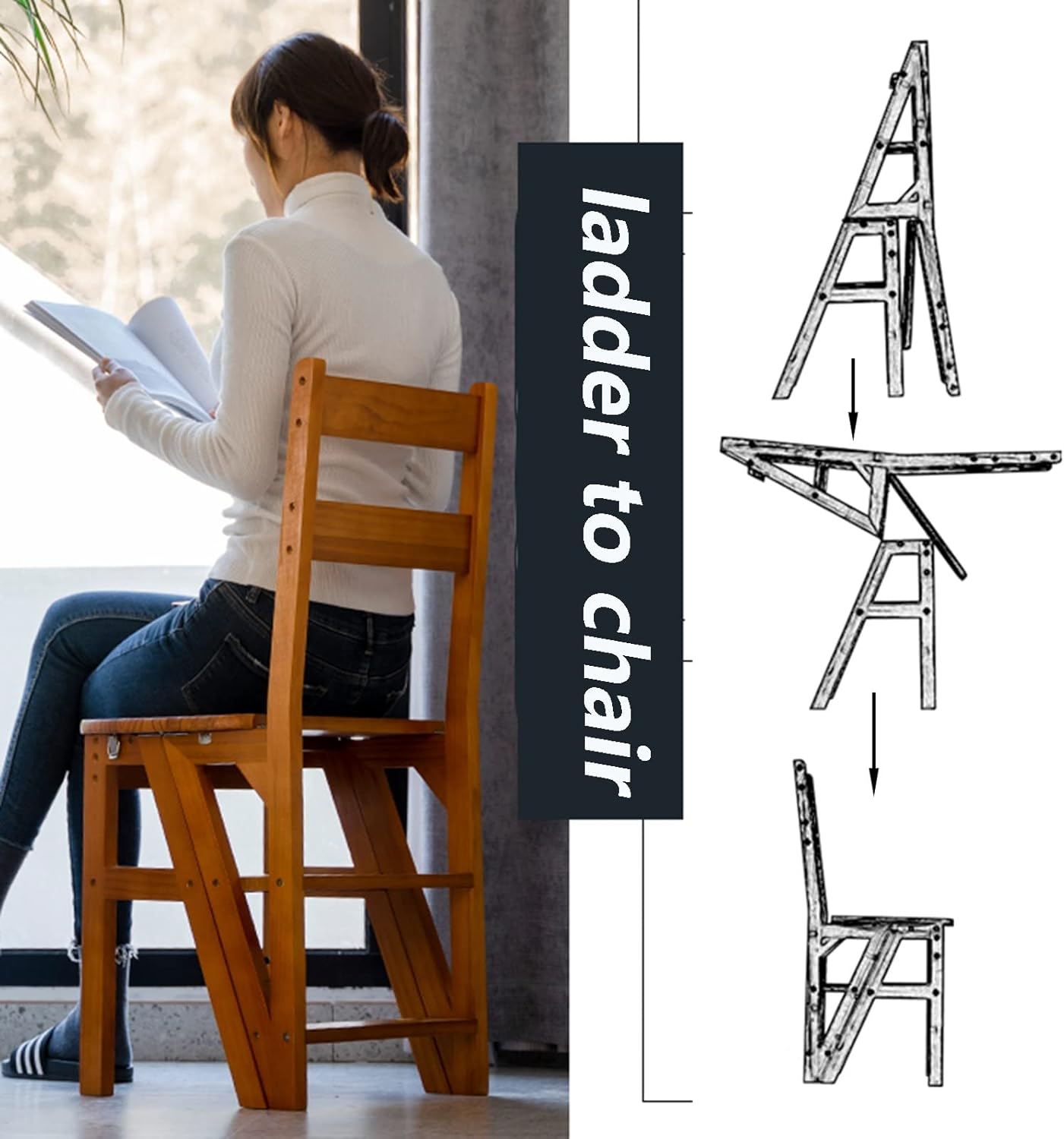 Ladder Chair Wooden Folding Convertible 4 Tier Folding Step Ladder Ladders Display Stand for Home Stool and Storage Shelf (Color : C, Size : 90 * 35 * 45CM)