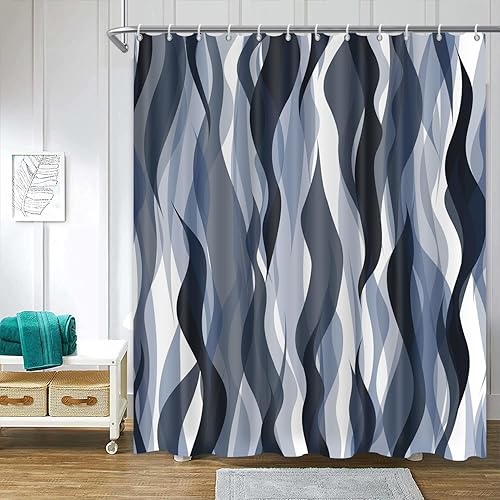 ChloropLastid Cortina de ducha retro azul grisáceo, diseño de líneas vibrantes, diseño estético abstracto, cortina de ducha de baño, tela a rayas