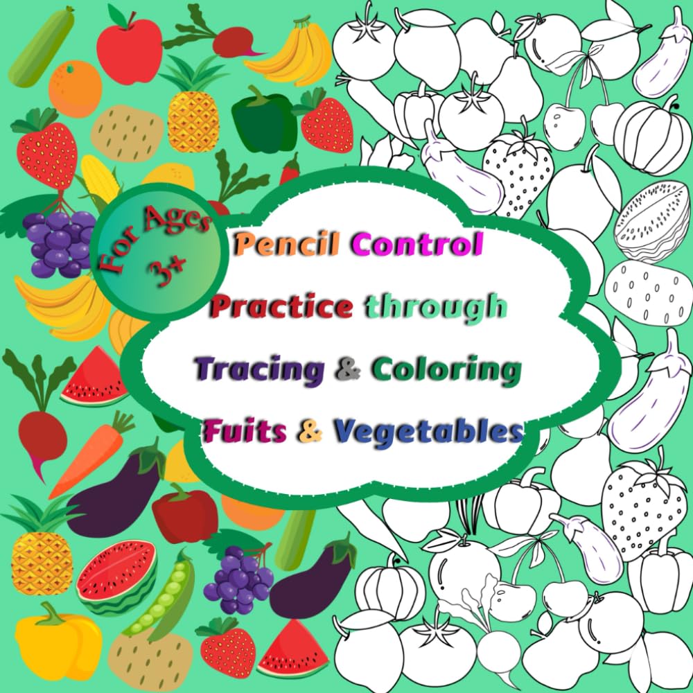 Pen/ Pencil Control Practice through Tracing & Coloring Vegetables & Fruits