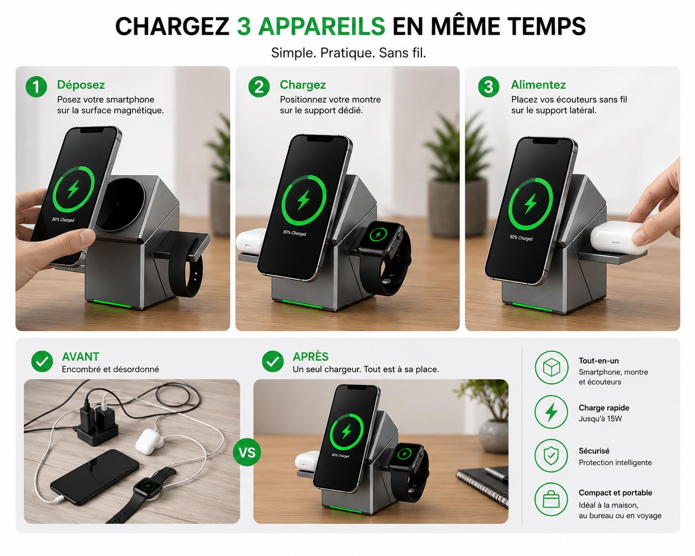 Chargeur sans Fil 3 en 1, 15W, Compatible Smartphones Android et Apple, Montres Connectées et Écouteurs sans Fil – Station de Charge Rapide Pliable et Compacte pour Bureau, Maison et Voyage