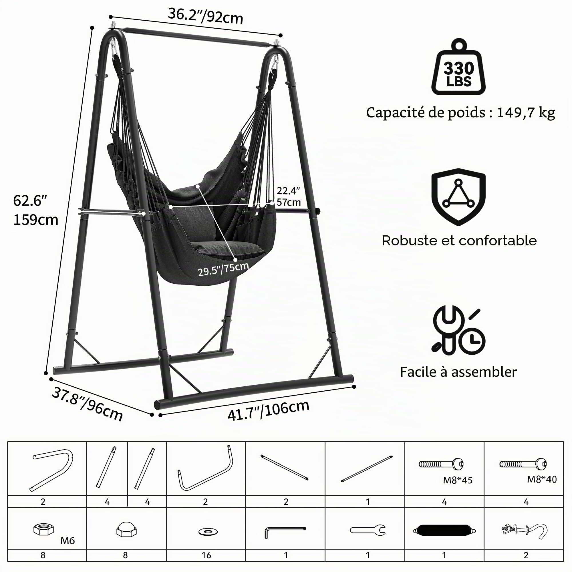 YITAHOME Fauteuil Suspendu avec Armature 105 x 93 x 160 cm, Structure en Acier Stable, Support de hamac avec balançoire Suspendue, Charge maximale 150 kg, Chaise à Bascule avec 2 Crochets et 2