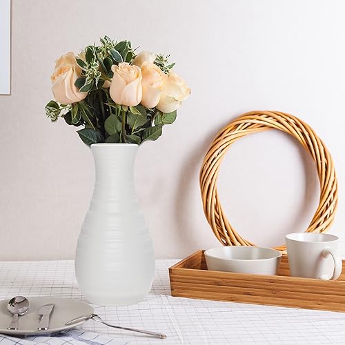 Miniatura 6 de Paquete de 2 jarrón de plástico compuesto, diseño de cerámica irrompible para centros de mesa de decoración del hogar, organizar ramos (blanco)