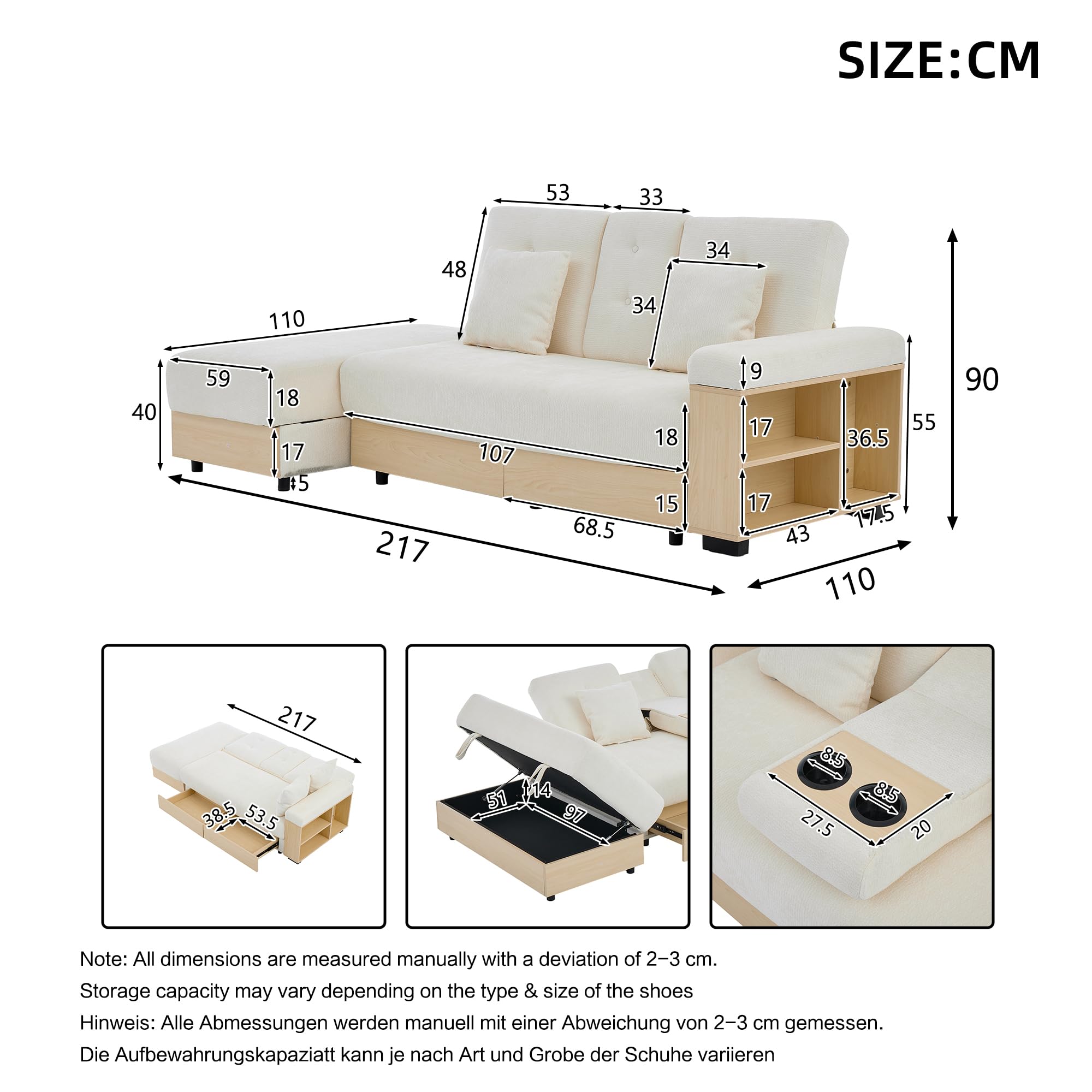 Canapé d'angle 217 cm avec Rangement, Dossier Réglable 3 Positions, Canapé Convertible en Chenille avec Tiroirs, Porte-Gobelets et Pouf de Rangement, Structure MDF pour Salon (Beige)