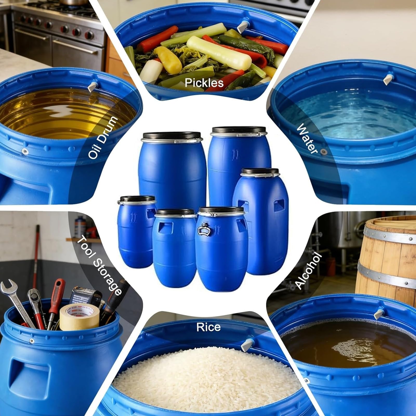 Tonneau plastique bleu avec couvercle, bidon eau anneau de loquet de fût de tambour à dessus ouvert for l'expédition et le stockage industriel, bac d'alimentation for baril de pluie(50L)