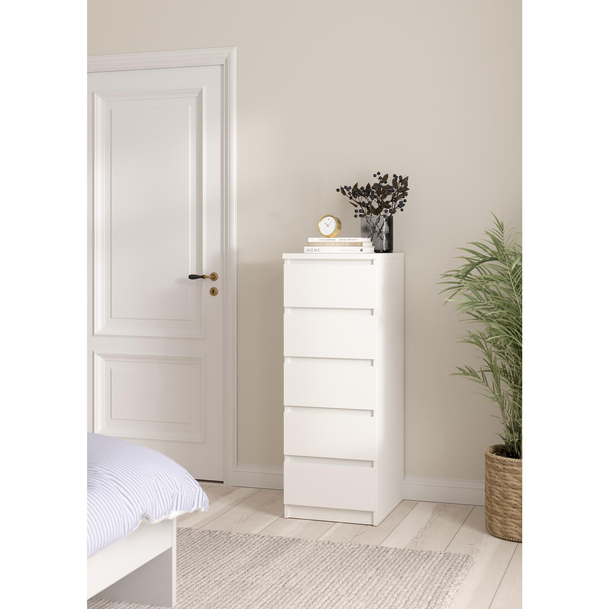 Cómoda, Cajonera Dormitorio SIL White con 5 Cajones,Color Blanco, 41 x 50 x 112 cm