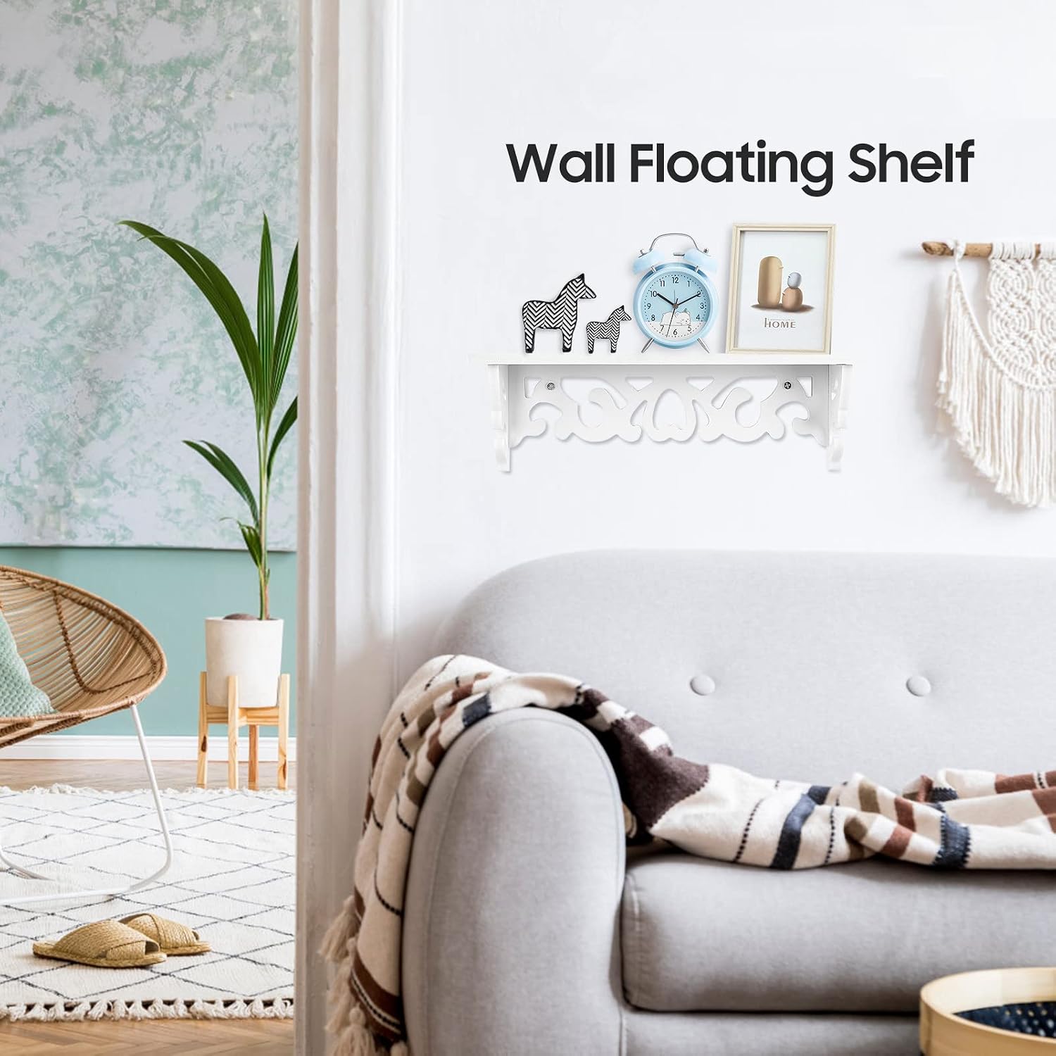 Wall Mounted Shelf, White Carved Filigree Shelves Design Wall Shelf for Home, Bedroom, Study (S)