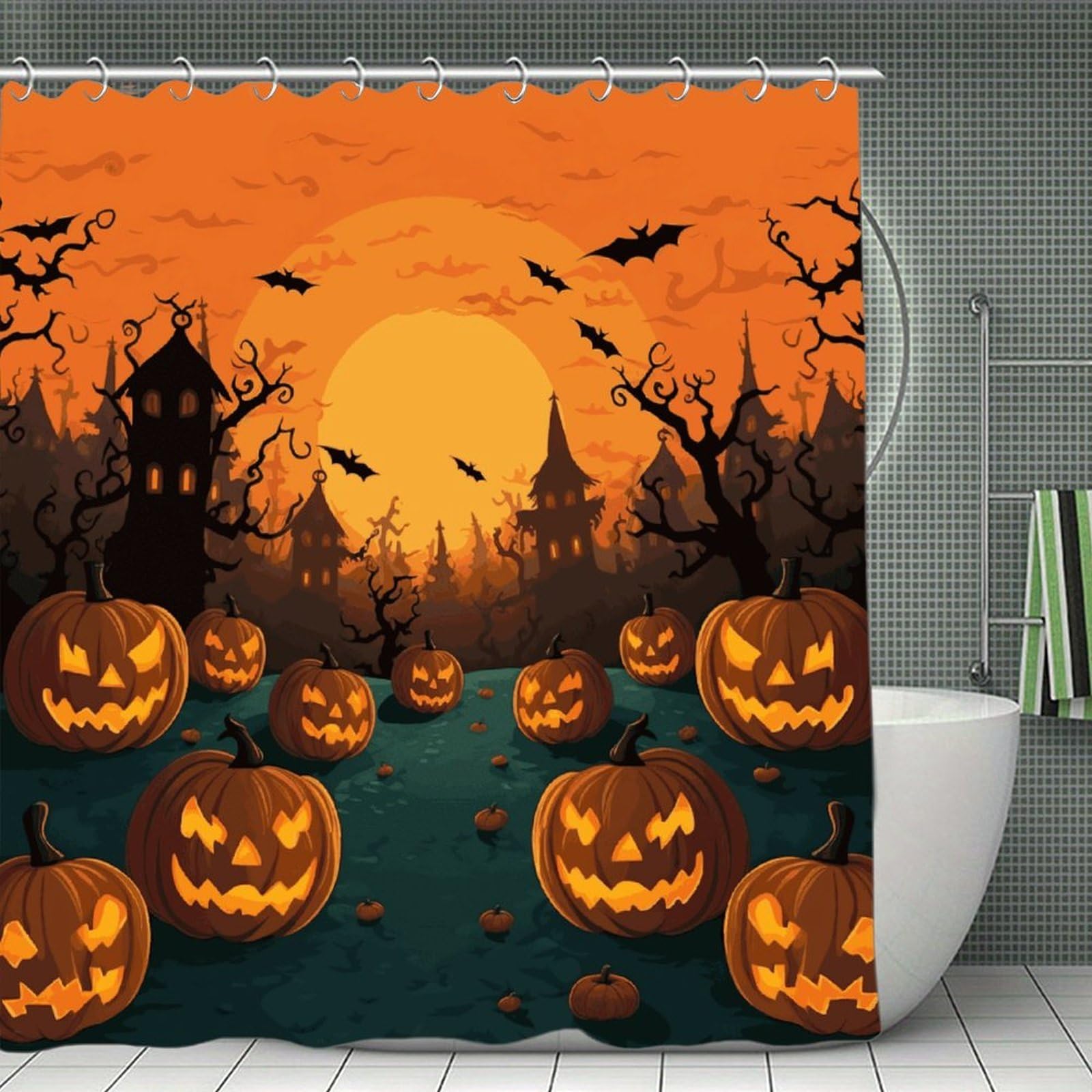 FekiLoot Halloween Orange Shower Curtain with Hooks Modern Farmhouse Bathroom Curtain Waterproof Cloth Bath Curtains Cute Washable Blackout Privacy Curtains for Bathroom Bathtub 70.8"x70.8"