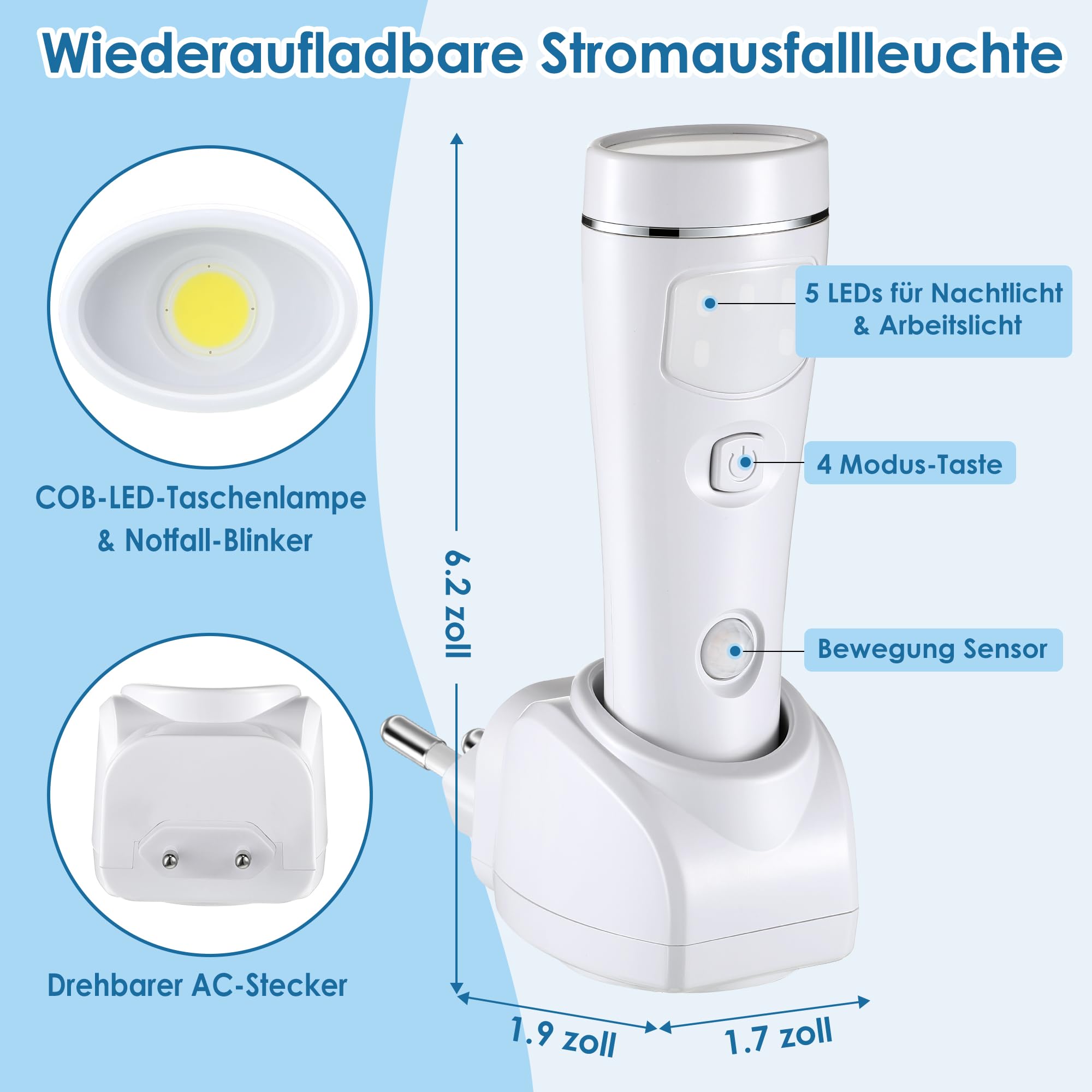 Enhon 4-in-1 LED Wiederaufladbare Steckdosen-Taschenlampen, 2er-Pack LED Notlichter für Stromausfall im Haushalt, Steckdosen-Notfallleuchte, Stromausfall-Lampe mit Bewegungssensor