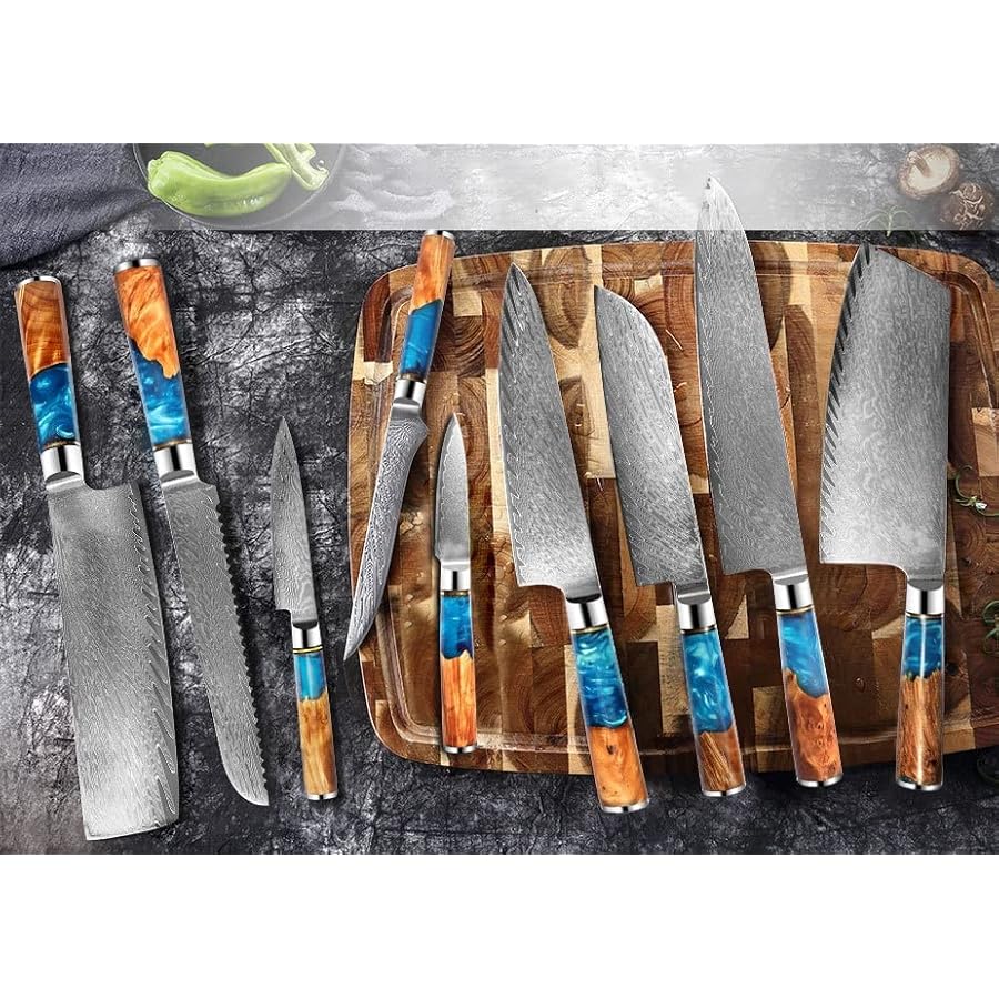 Kitchen Knife Sets, 9PCS Kitchen Knives Set Damascus Steel VG10 Chef Knife set Cleaver Paring Bread Knife Blue Resin and Color Wood Handle, MAYiT2855