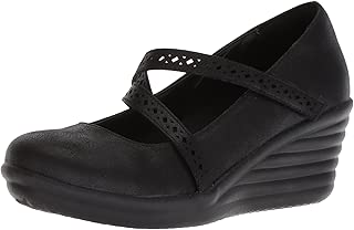Skechers Women's Rumbler Wave-Filigree-Laser-Cut Strap Mary Jane Wedge Pump, Black, 8 M US