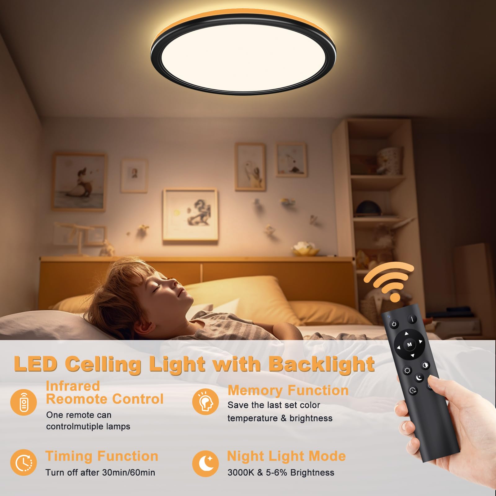 OUILA Ø30cm Dimmerabile Lampadario con Telecomando, 24W Plafoniera Dimmerabile 3000K-6500K Plafoniera LED Soffitto 2400LM Plafoniere per Soggiorno Camera da Letto Cucina Bagno (Nera, 2 Pezzi)