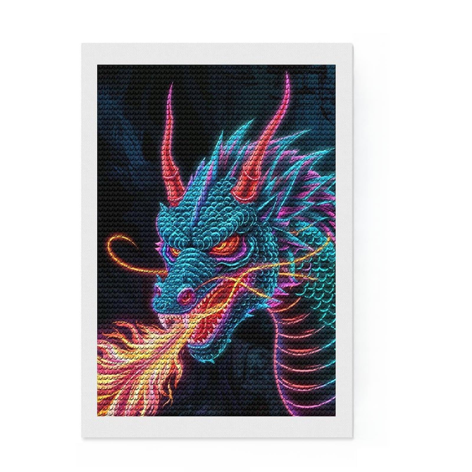 Junmoney Dragon Neon Diamond Painting Kit 8"x12", Bedroom Decor, Round Gems, Full Kit Included, Relaxing Handmade Project