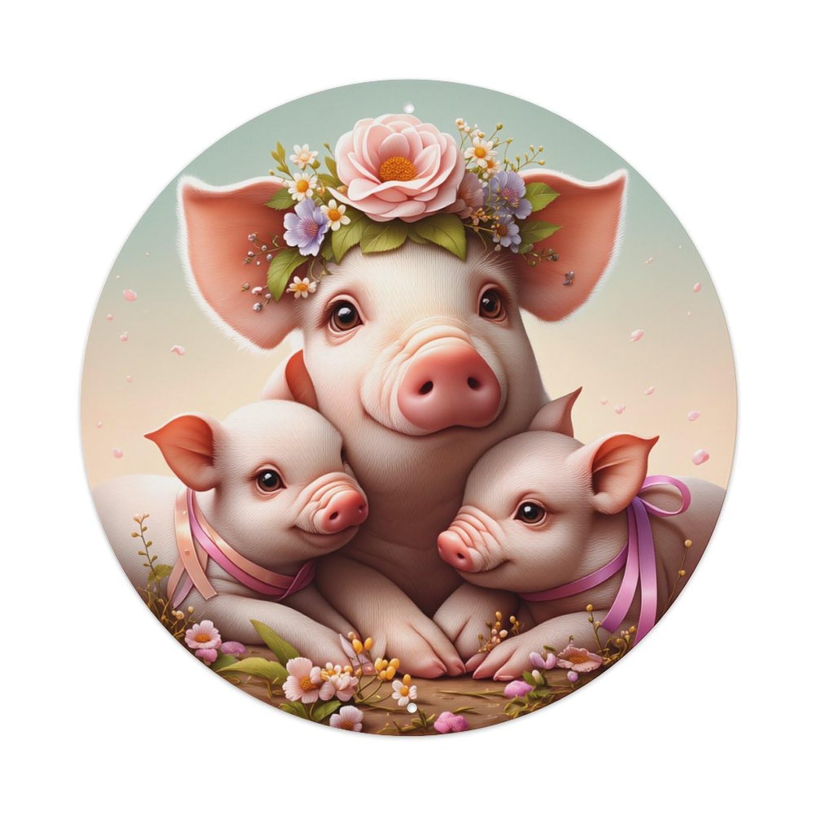 Pig Family Floral Crown Round Tin Sign Retro Metal Sign for Cafe Bar Pub Home Game Room Gym Club Wall Decoration Vintage Metal Poster 8x8 Inch