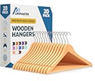 Lifemaster Wooden Hanger Set - 20 Pieces Non-Slip Versatile Closet Space-Saving Hanger Set for Suit, Coat, Camisole, Jacket, Pants, and Dresses with Rotating Swivel Hook - Natural Wood
