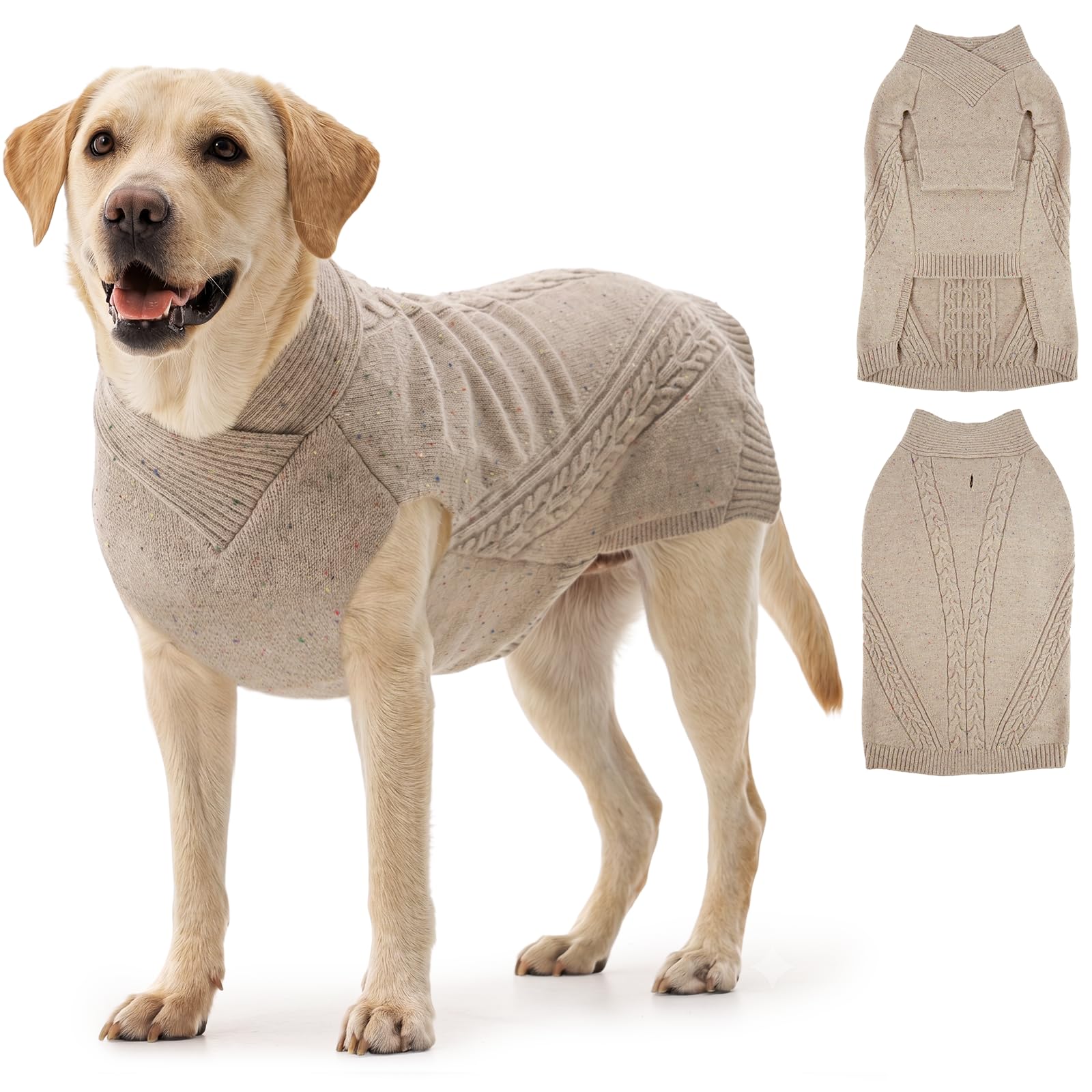 ROZKITCH Pull d'hiver en tricot torsadé pour chien avec col roulé – Chandail d'hiver doux et chaud avec trou pour laisse, pour chiens de petite, moyenne et grande taille, kaki, taille L