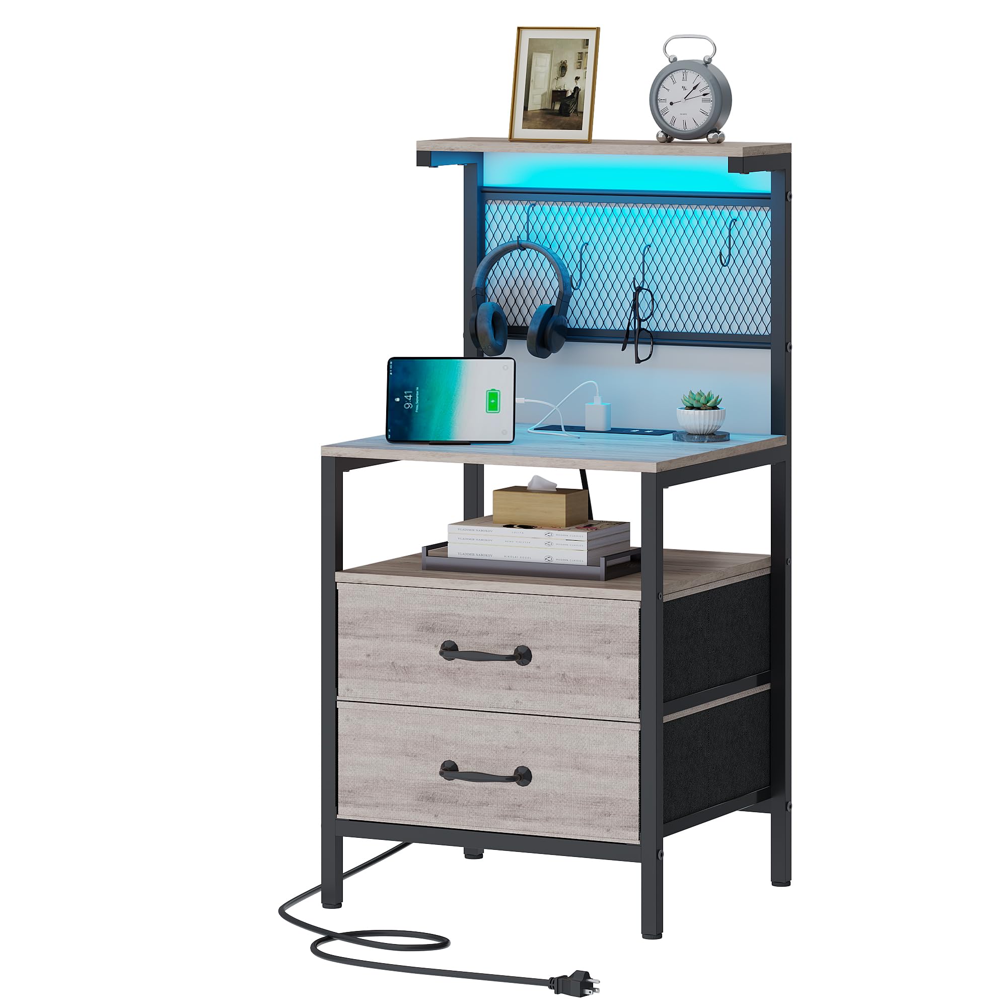 Nightstand with Charging Station, Nightstands with LED Lights, Night Stands for Bedrooms with 2 Drawers and Storage Shelves, Bedside Tables with Metal Hooks, Greige