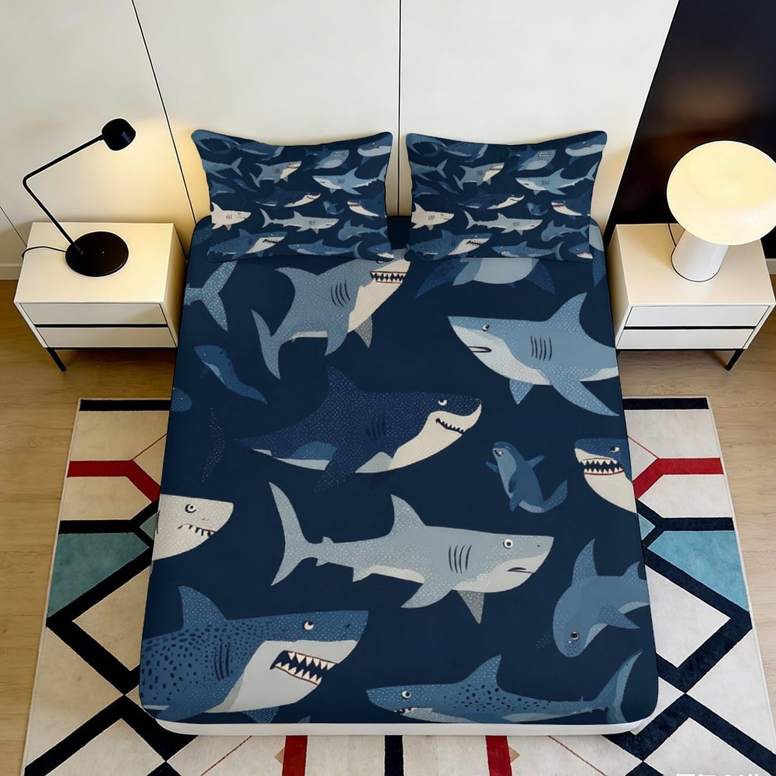 Pnayamiorkfel Style-7 3D Printed Shark Ocean Fitted Sheet Microfiber Soft Deep Blue Mattress Cover For Bedroom Guest Room Decor 90X200x25cm