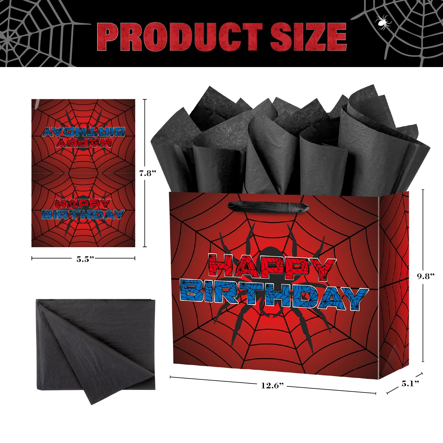 Ranfashiong 13" Red Large Spider Kids Birthday Gift Bag with Tissue Paper and Card, Spider Webs Design Wrapping for Boys, Girls Halloween Party Decor