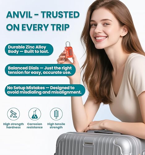 Miniatura 4 de Anvil - Candado de equipaje aprobado por la TSA, candados de combinación de 4 dígitos con grillete de acero endurecido, cerraduras de viaje