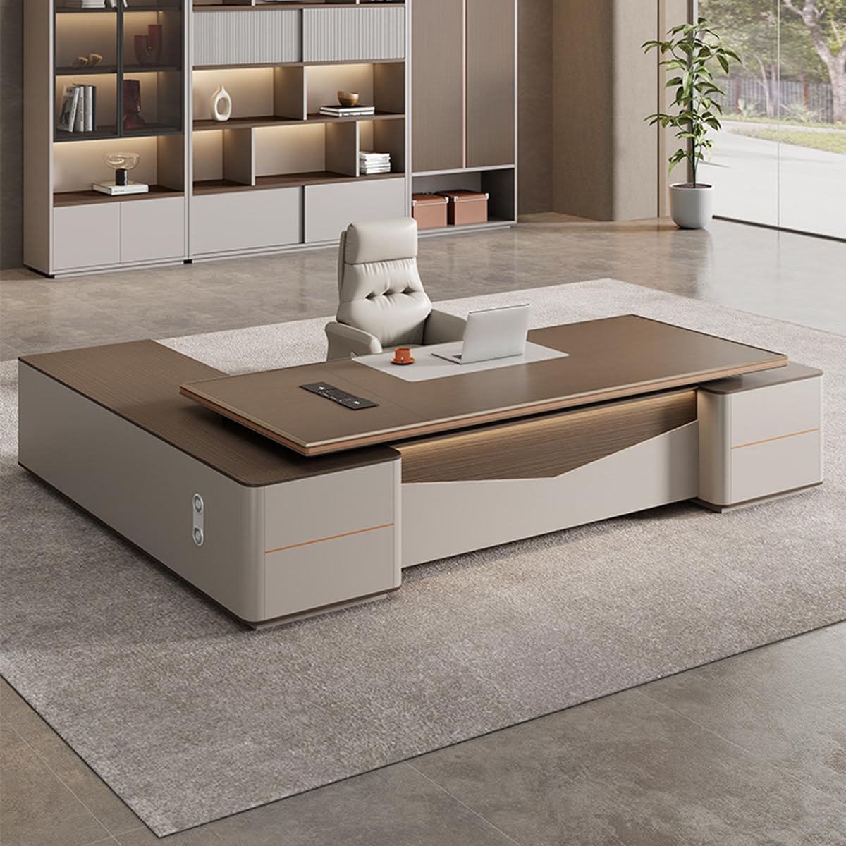 DUWEIKE L Shaped Executive Desk, Large Office Computer Desks with Power Outlet & Storage Shelves, Modern Wood Writing Table Workstation for Work Study,79in