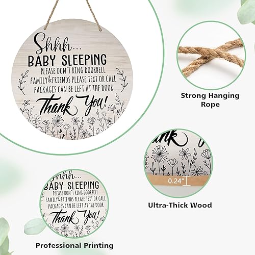 Vista 3 de Deroro Letrero de sueño de bebé para puerta delantera, con texto en inglés "Please Do Not Ring", colgador de puerta de madera para decoración