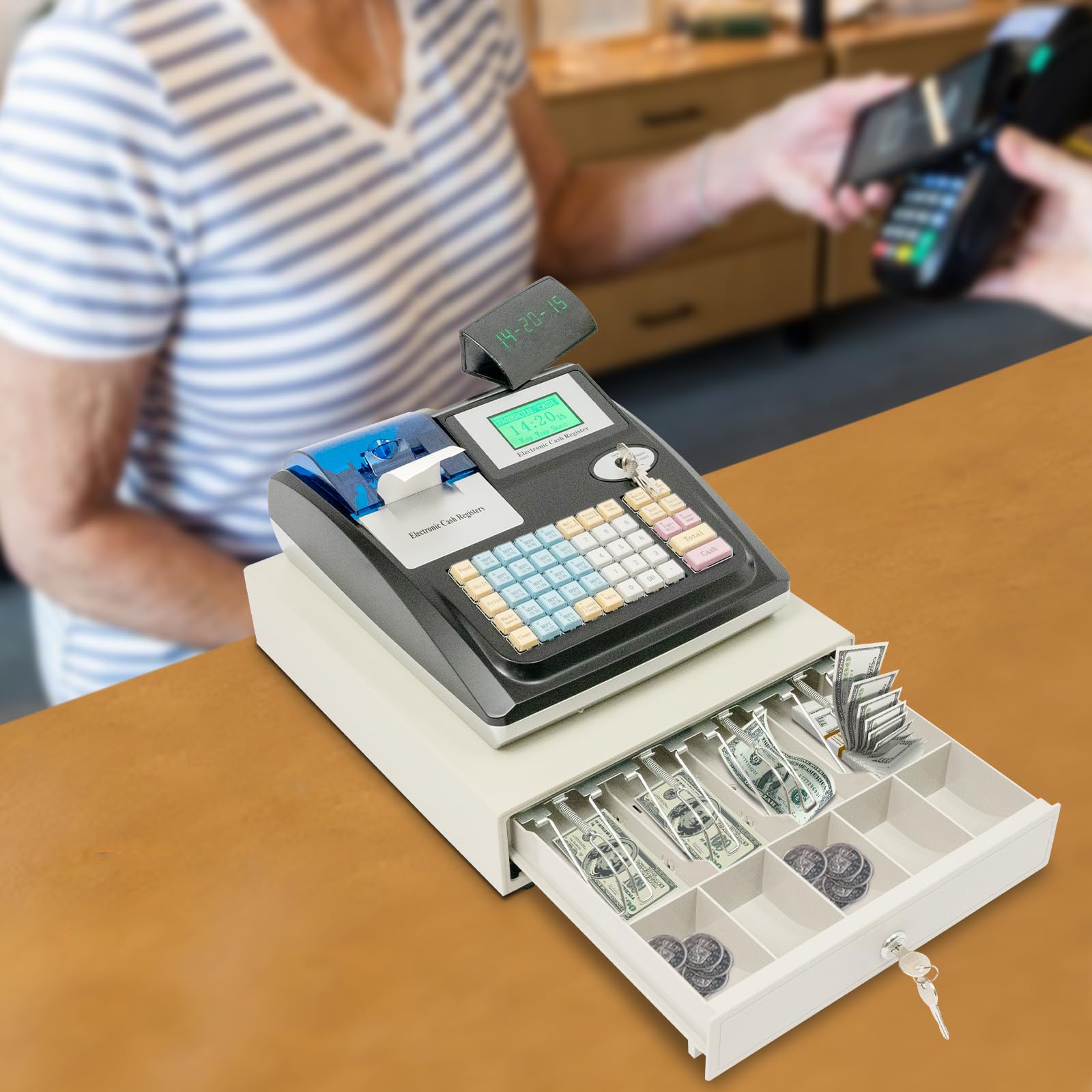 Registratore di cassa, Cassa elettronica per il commercio, Cassetto con 4 scomparti per banconote e 5 per monete, 2 display LED e 48 tasti, Cassetto per registratore di cassa