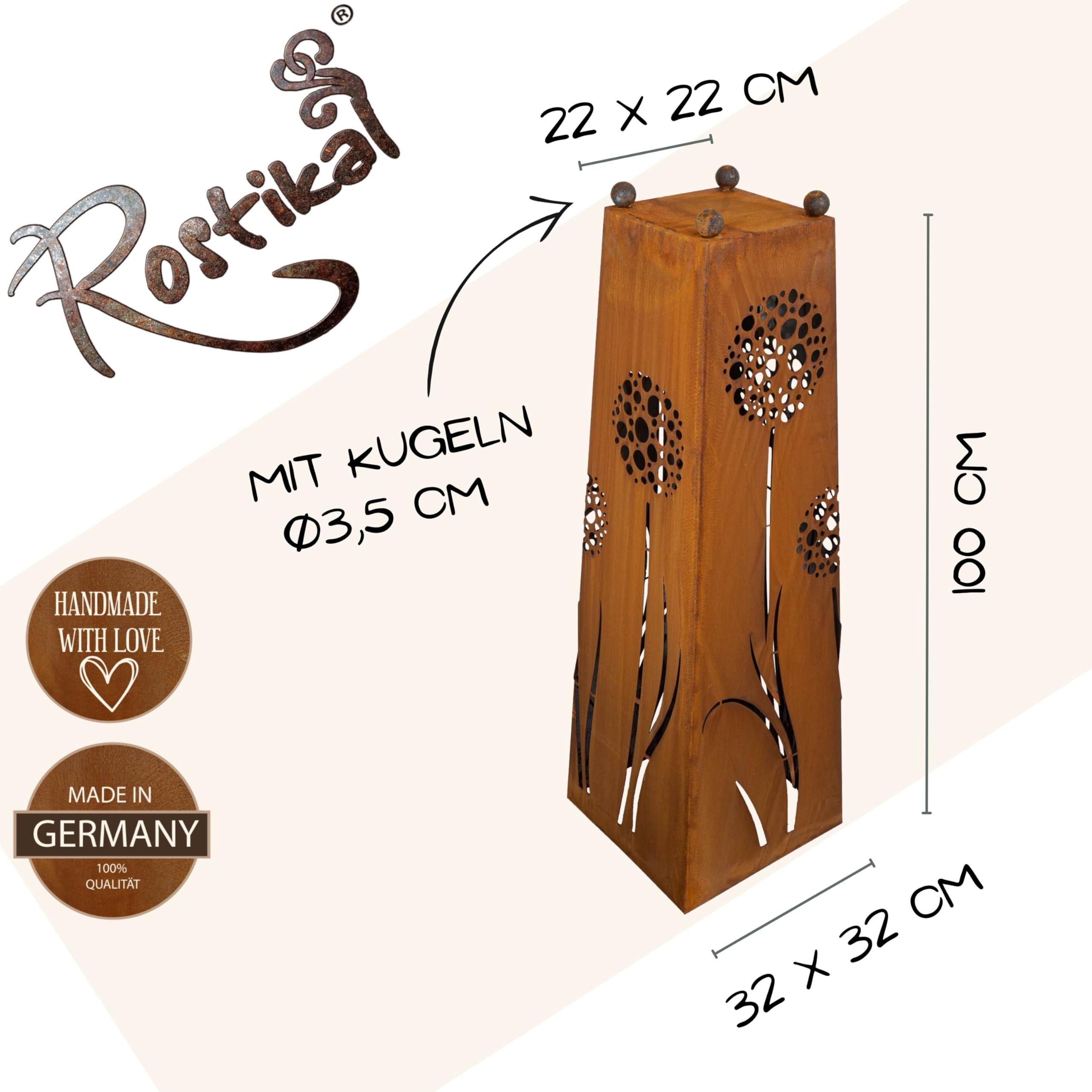 Rostikal Edelrost Pflanzsäule mit Schale 120 cm – Rostige Gartendeko mit Pusteblumen-Motiv – Handgefertigter Blumenständer mit eckiger Pflanzschale 50 x 50 cm - wetterfester Cortenstahl