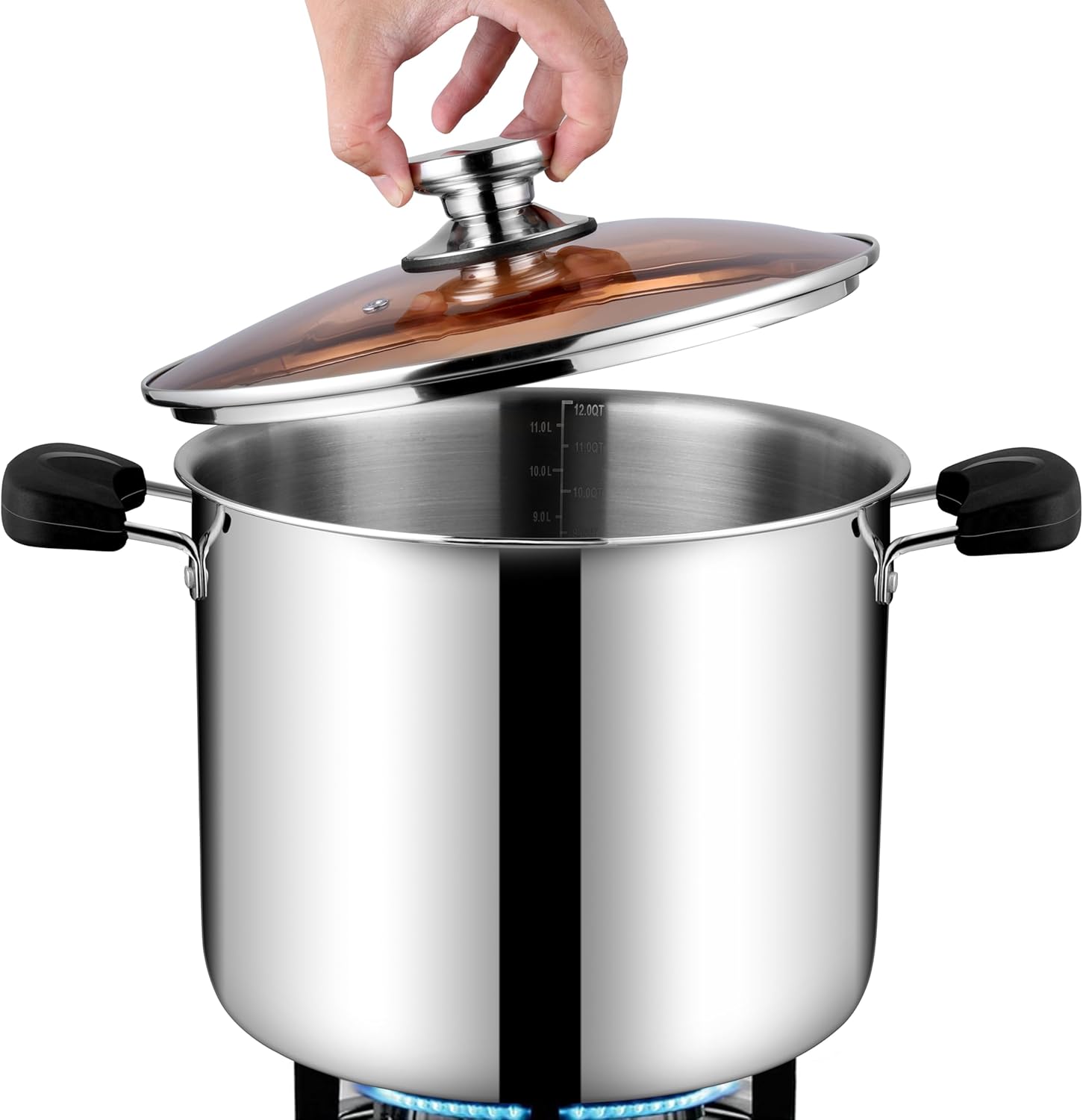 12 Quart Stainless Steel Stock Pot for Cooking Large Soup Pot with Lid & Anti-Scald Handles Tri-Ply Induction Stockpot 12 Quarts Triply Stockpot & Bakelite Handle