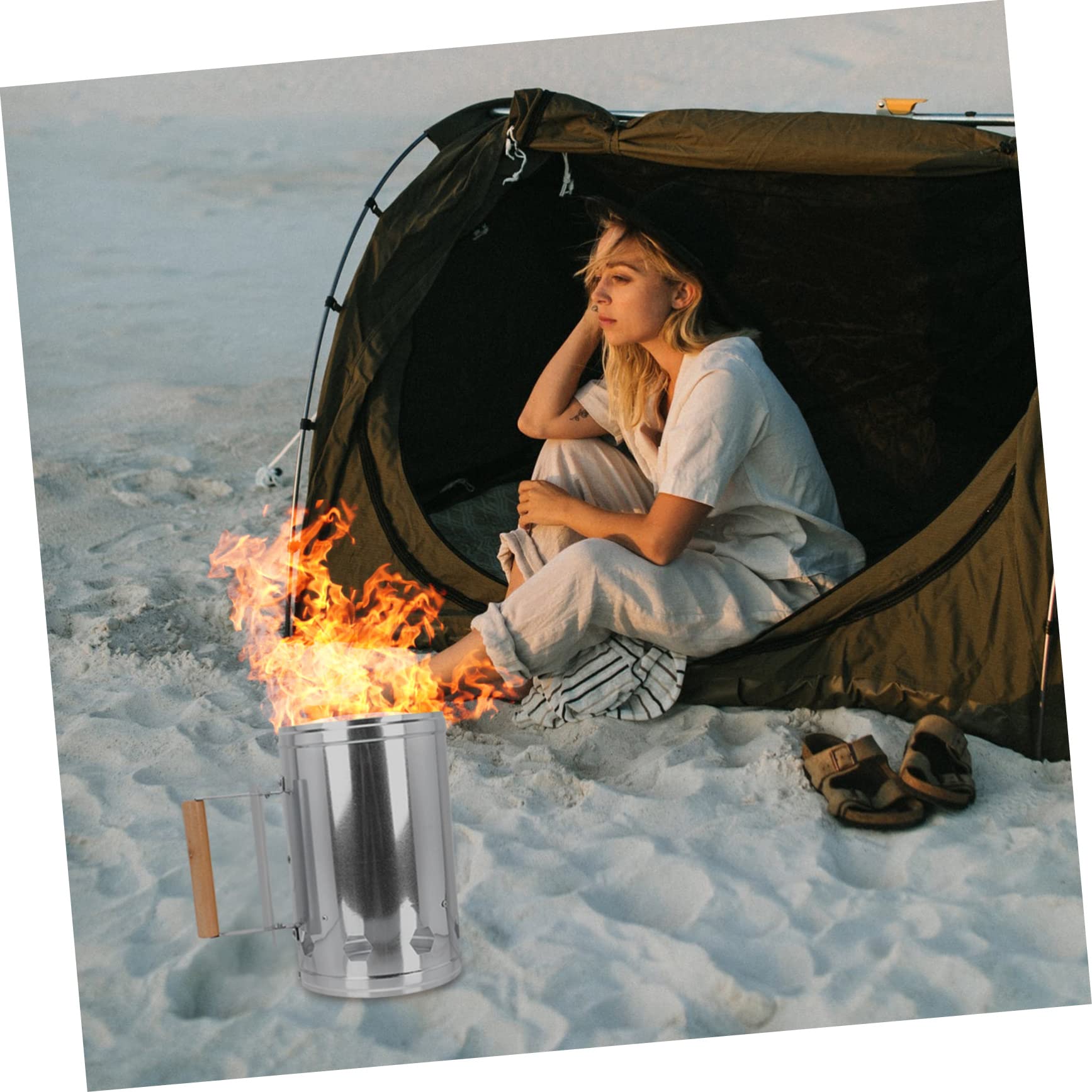 Hemobllo Accenditore Carbone Barbecue Manico in Legno, Argento | Alluminio Base Ampia e Prese D’aria, Riduce i Tempi di Riscaldamento, per Griglia e Charcoal Bbq