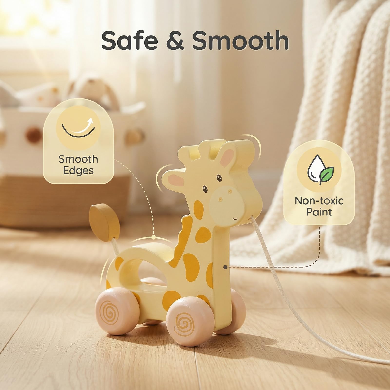 Jouet à Tirer En Bois HOTUT – Girafe à Traîner Pour Bébé à Partir De 12 Mois, Motricité Et Premiers Pas Garantis