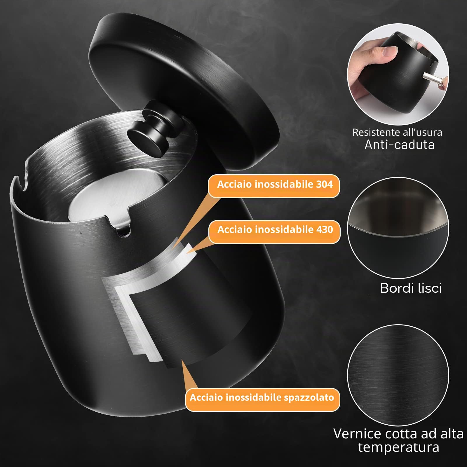 Posacenere Esterno Acciaio Inox Antivento con Coperchio, Metallo Ashtray da Tavolo per Balcone Casa Giardino Bar Ristoranti Hotel - Nero