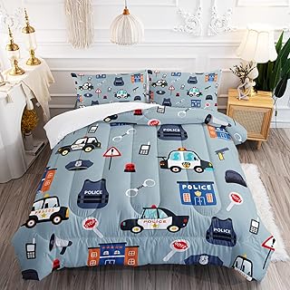 DYcolor Cartoon Police car Printed Quilt, 3pcs Policeman Vehicle City Building Automobile Comforter Set with 1 Comforter & 2 Pillow Cases for Kids, Boys, Teens (Grey, Queen)
