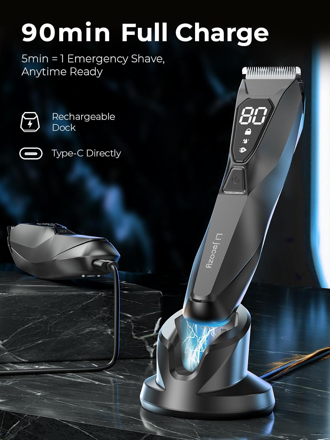 Pubic Hair Trimmer for Man - Cordless Body Hair Trimmer for Men - Electric Ball Shaver with Display & Light - Waterproof Wet/Dry Groomer kit for Groin - 4000K Light - Cosmic Black - Image 3