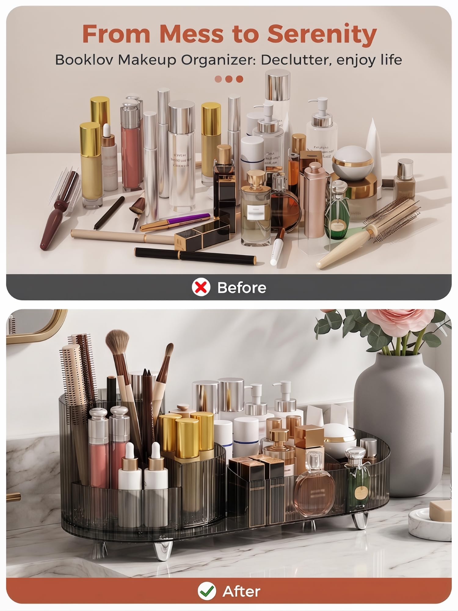 Booklov Modern Elegant Make-up-Organizer, Kosmetik-Display-Case, Schwarz, Poliert, 360° drehbar, 9 Fächer, für 30 Kosmetikartikel, Hochwertiges PET-Material, Tischplatte, 1 Stück