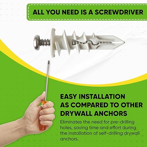 Miniatura 6 de Anclaje de plástico autoperforante para paneles de yeso con kit de tornillos, el paquete incluye 25 anclajes grandes y 25 pequeños con tornillos de