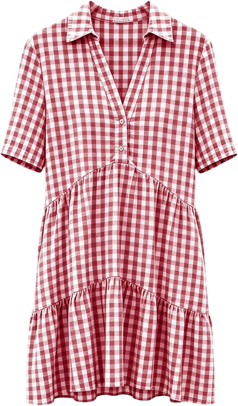 Women's Casual Plaid Button Down V Neck Shirt Dress Boho Short Sleeve Gingham Mini Tunic Dress Ruffle Hem Clothing