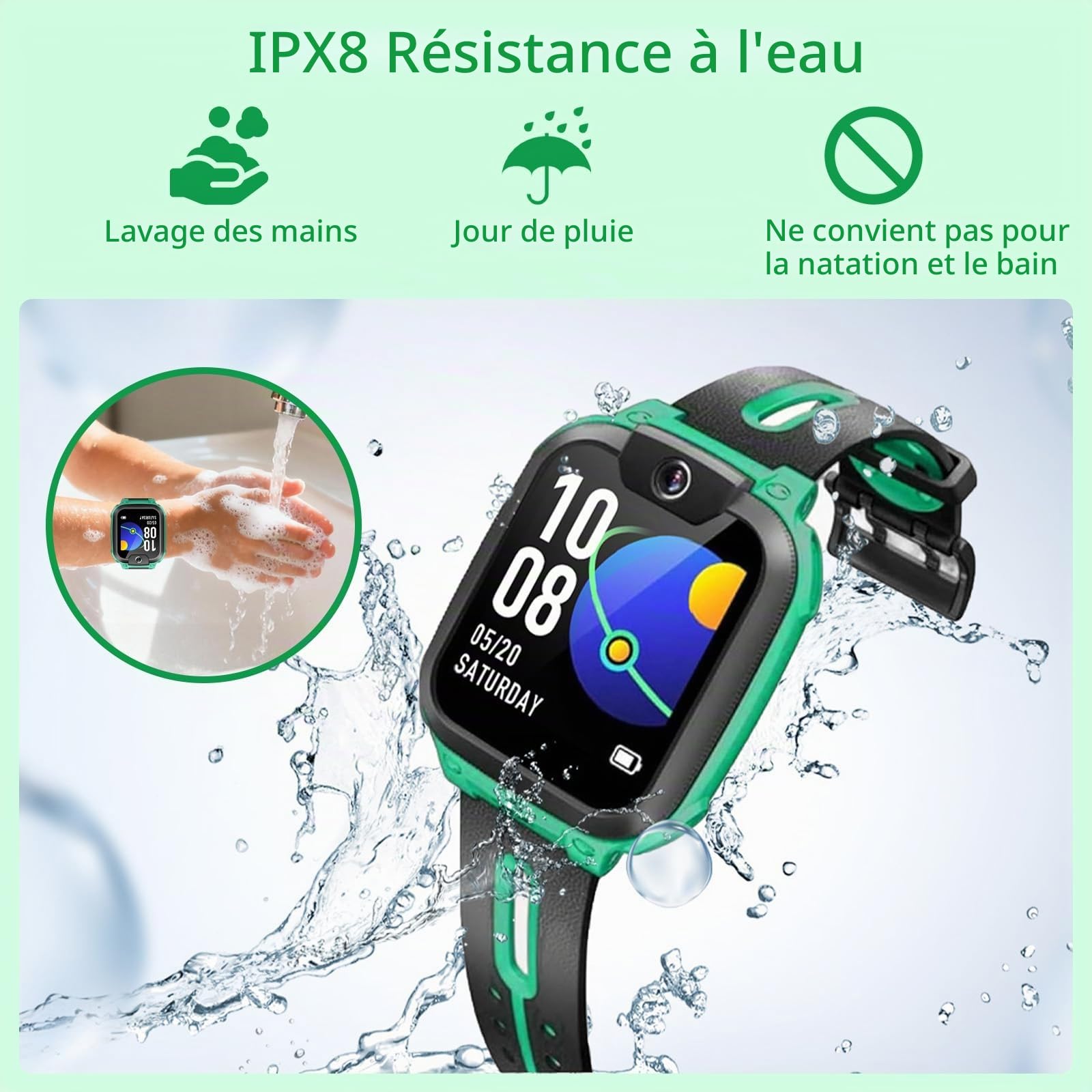 imoo Z1 Smartwatch Enfant Garçon, Montre Connectée pour Garçons avec Appels Vidéo & Téléphone Autonomie Longue, Montre Enfant Tracker GPS, Résistant à l'eau IPX8 (Z1, Vert)