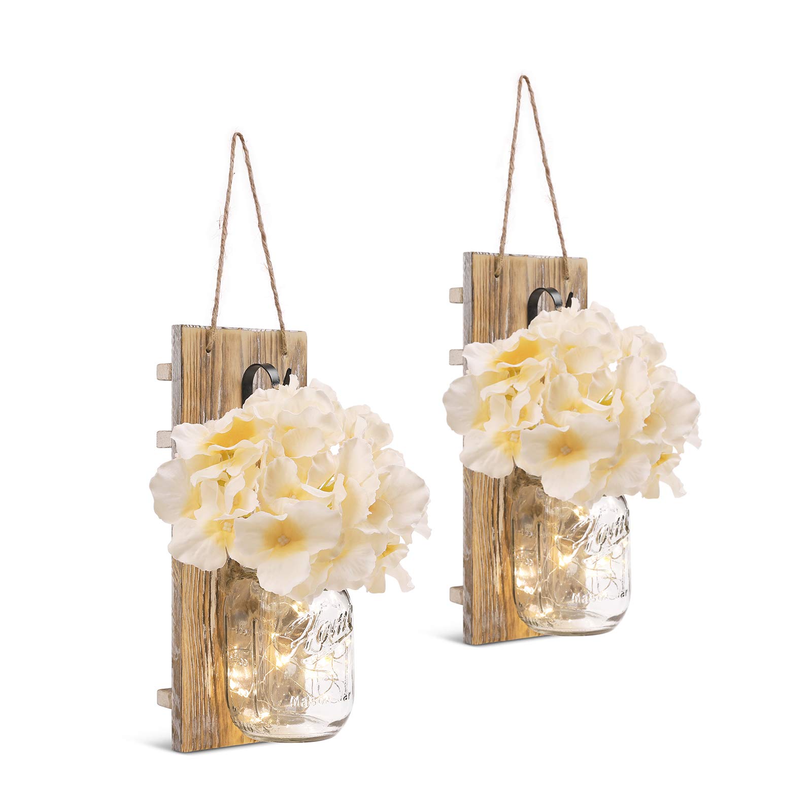 Rustic Mason Jar Wall Decor -Distressed Wood Wall Sconces with LED String Lights,6-Hour Timer, Wall Art Farmhouse Decor for Living Room,Bedroom (Brown, L) ­