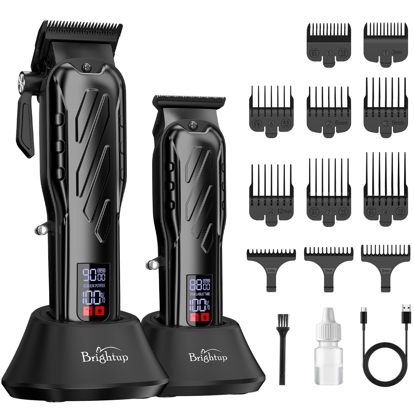 Brightup Barber Hair Clippers [Brushless 9000RPM & Cordless] for Men, Professional Clippers & Trimmers Set with USB-C Charging Stand, Hair Tools Cutting Kit with LCD Display, Gift for Men