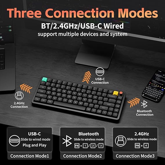 nuphy Air75 V3 Hot Swappable Wireless Mechanical Keyboard, 84 Keys 75% Custom Low Profile Keyboard with Knob, RGB Backlit, Gasket Mounted, Support Bluetooth/2.4GHz/USB-C,Black-Brown Nano