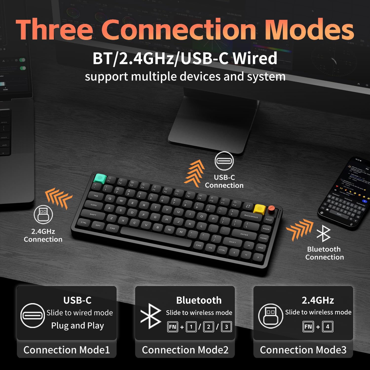 nuphy Air75 V3 Tastiera meccanica wireless sostituibile a caldo, 84 tasti, 75% tastiera a basso profilo personalizzata con manopola, retroilluminazione RGB, assemblata a giunto, compatibile con