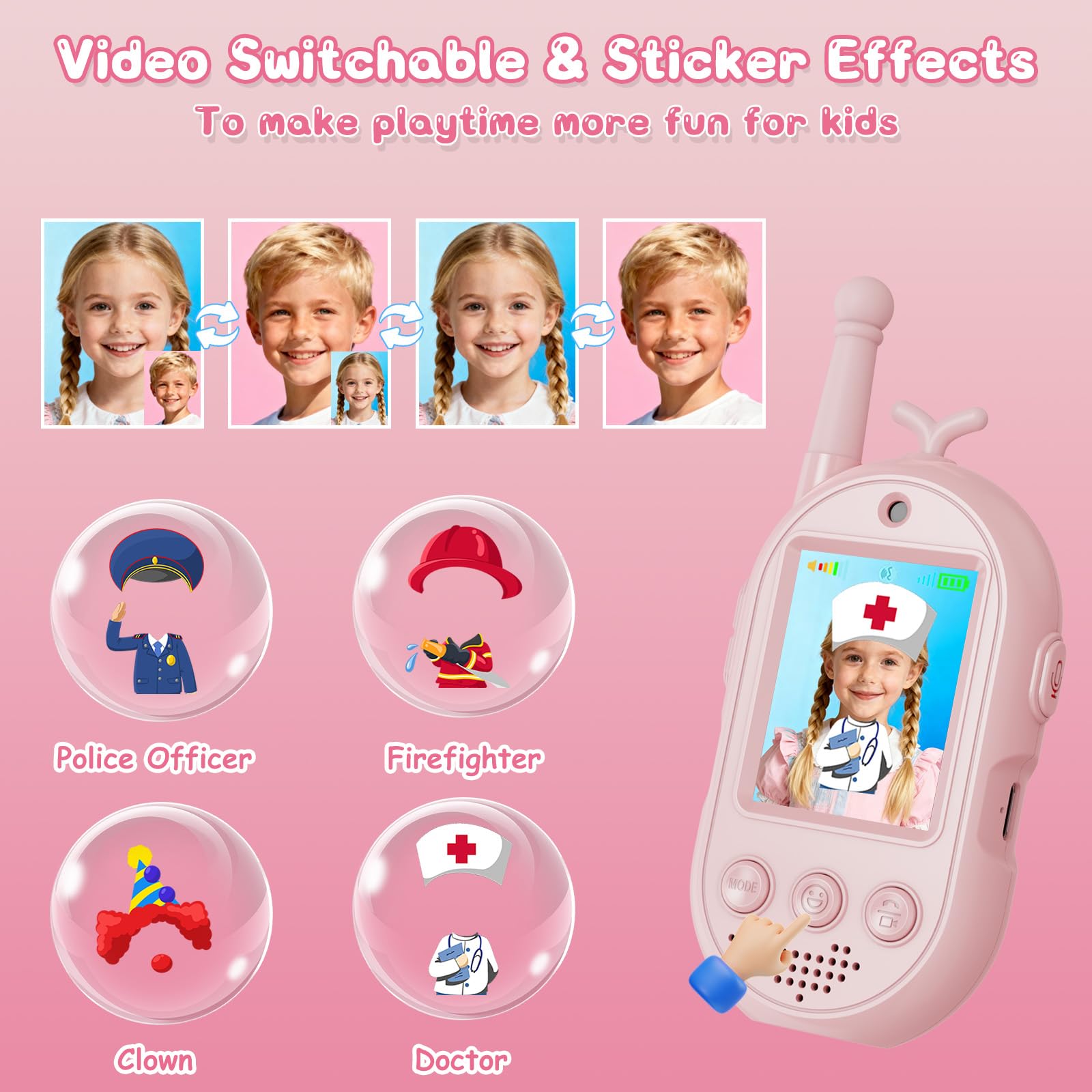 Video Walkie Talkie Bambini, 2 Walkie Talkie Ricaricabili con Display, Comunicazione Radio Bidirezionale, Lunga Portata, Regalo per Bambini e Bambine dai 3 ai 12 Anni. (Rosa + Viola)