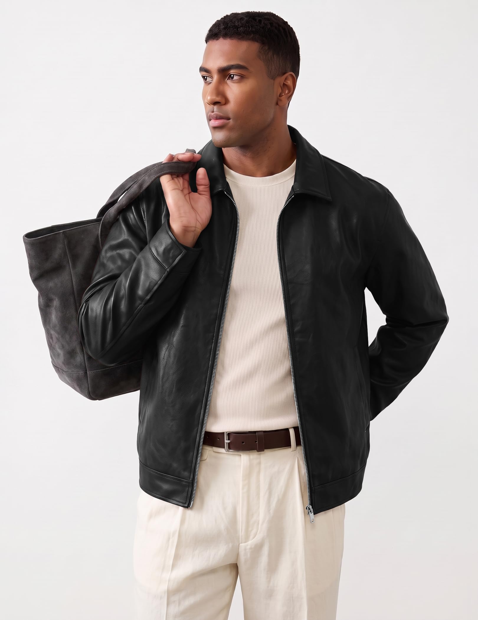 JMIERR Herren Lederjacke 2026 Casual Zip Leder Jacke Loose Fit Mantel
