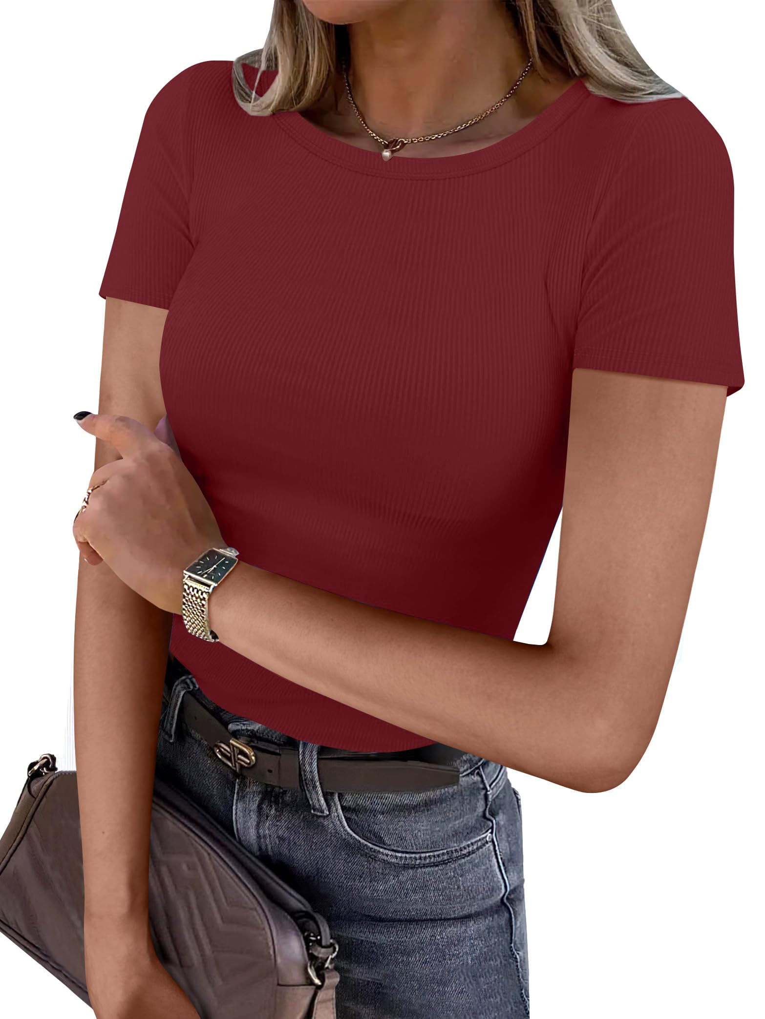 Suncife Geripptes Basic-T-Shirt für Damen, kurzärmelig, enganliegend, Sommer, gerippt