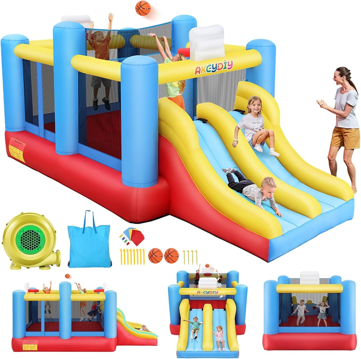 Kids Bouncy Castle for 3-12 Years Old 15x8ft Bouncy Bouncy Castle with Slide and Jumping Area with Ball and Basketball Hoop for 4 Kids Heavy Duty 420D/840D Oxford Fabric with Blower