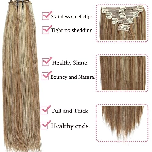 Miniatura 2 de Extensiones de cabello humano real con broches, color castaño castaño mezclado con rubio decolorado, extensiones de cabello humano real natural,